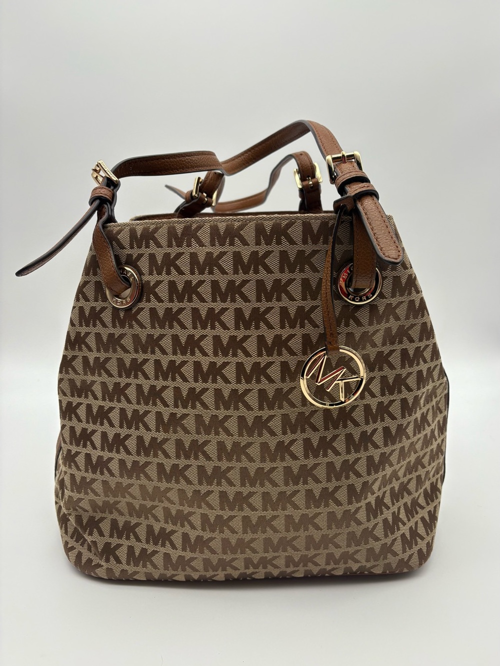 Michael Kors Signature MK Logo Jacquard Brown Tan Tote Shoulder Bag